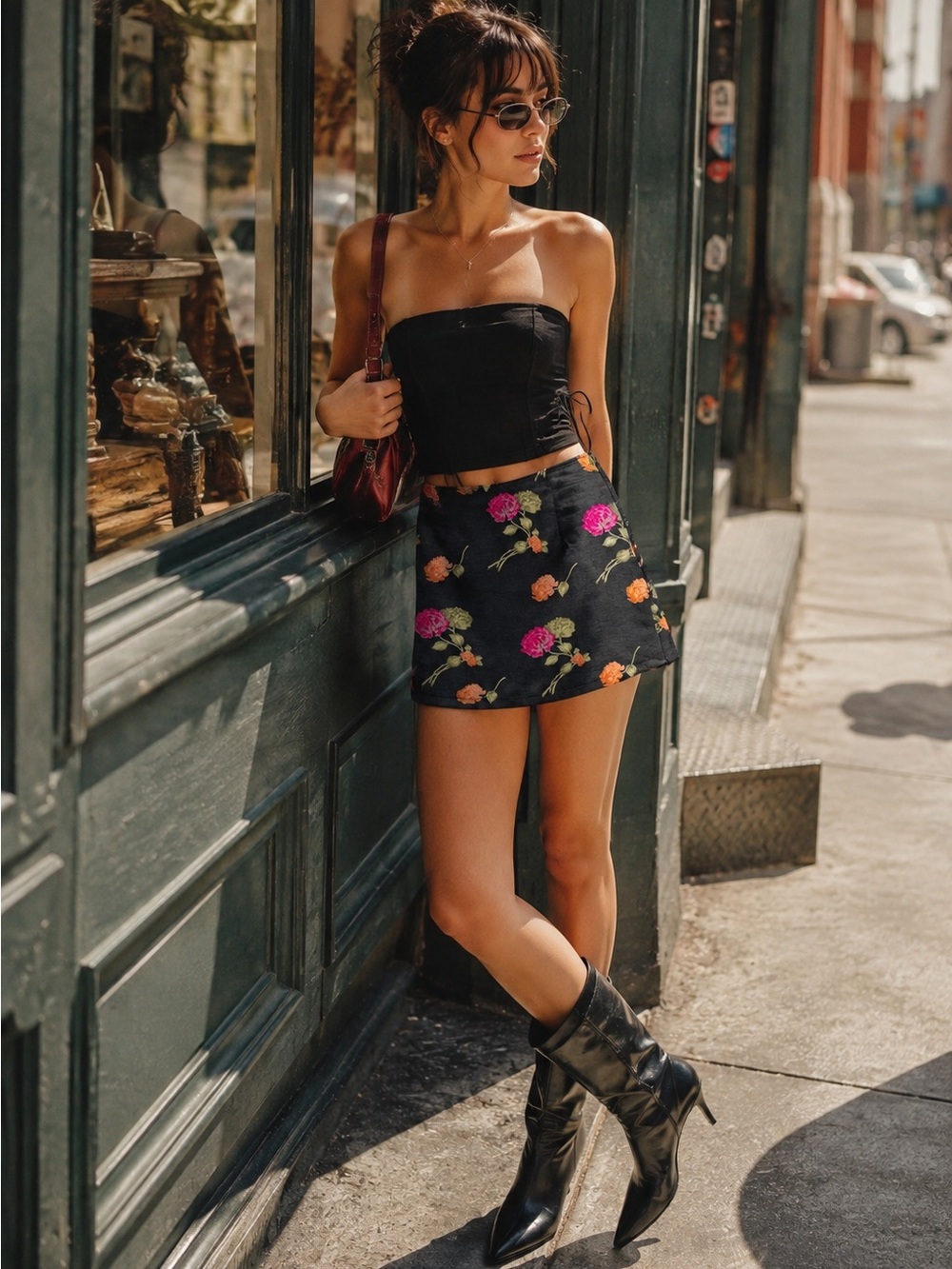 POSH DESIGN Floral Mini Skirt Black Pink Orange 24” Waist *